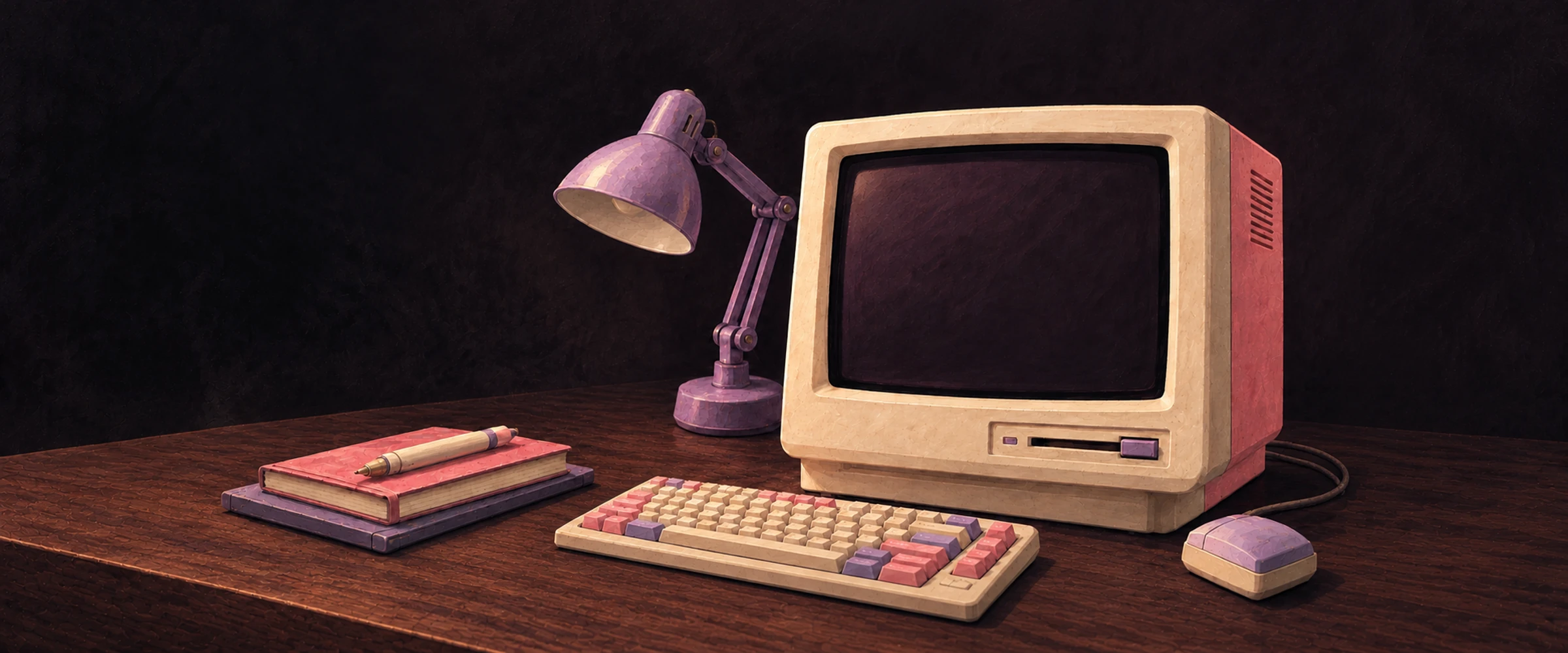 A retro computer, lamp, keyboard and notebooks on an illustrated desk in the studio’s pink and purple colours